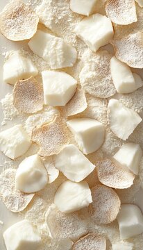 Fresh White Coconut Meat Chunks Shredded Copra Pieces Seamless Background for Natural Food Texture