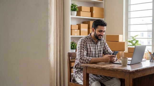 Small business owner using smartphone for e-commerce order management in home office