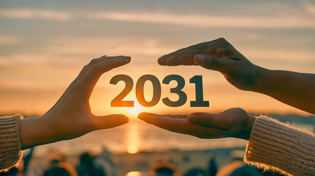 People Hands Protecting Number 2031 Against A Beautiful Sunset Background For The Future Concept