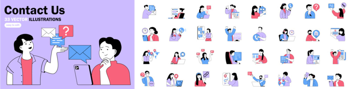 Contact us flat concepts with people mega set. Collection scenes of featuring customer support, live chat, email, phone calls, help desk, feedback, communication. Bundle vector illustrations.