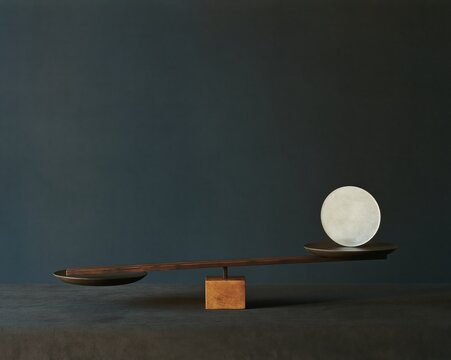 Beam balance scale with a metal disc and bar, featuring a matte finish and hard lighting on a dark background for comparison and asset allocation