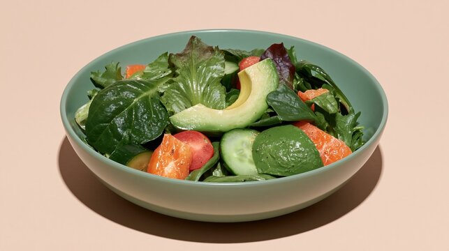 Mixed salad bowl with avocado and leafy greens on a neutral background, featuring fresh textures and bright colors for vegan menus and wellness advertising
