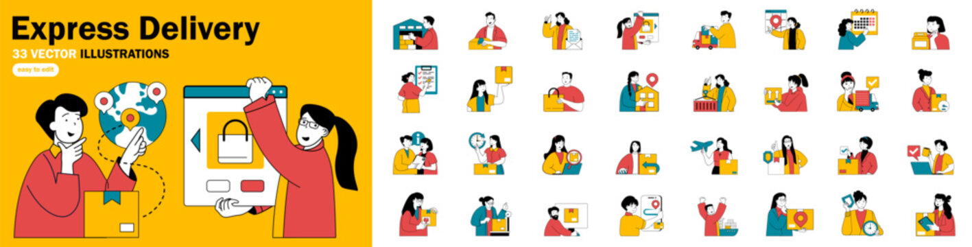 Express delivery flat concepts with people mega set. Collection scenes of featuring order tracking, courier service, shipping, logistics, pickup and fast delivery. Bundle vector illustrations.