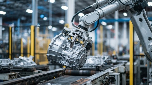 Robotic arm lifting a transmission housing from a factory conveyor beside safety barriers