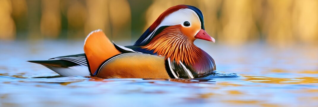 Colorful Mandarin Duck Swimming in Lake with Reflection on Water Surface