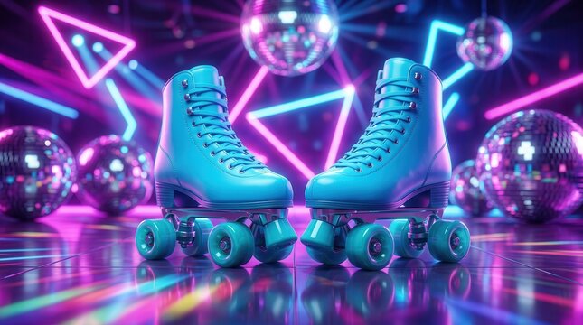 Retro wave concept featuring blue roller skates and disco balls in a neon disco setting.