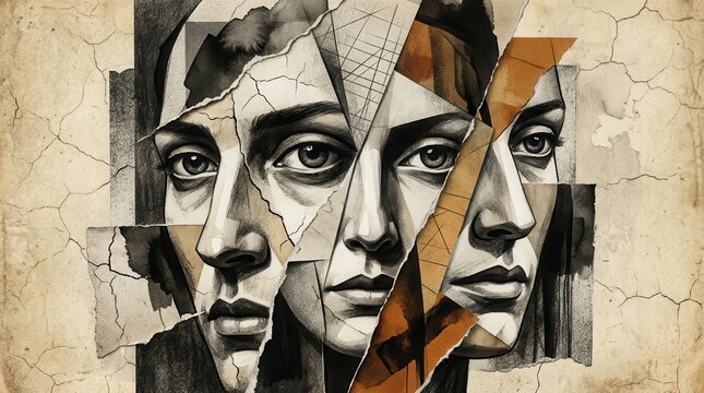 Dramatic mood wallpaper illustration featuring an abstract collage of human faces.