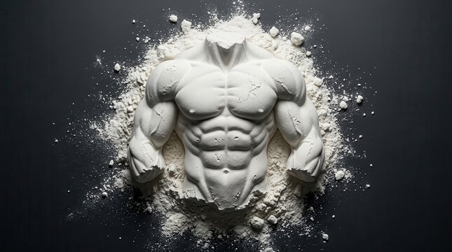 Bodybuilding and power sport concept featuring protein powder in a muscular man shape