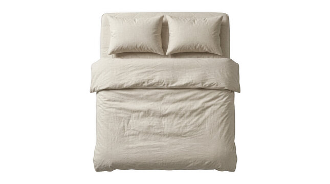 Top view of a comfortable double bed with soft beige linens and two pillows for modern bedroom interior design isolated on transparent background