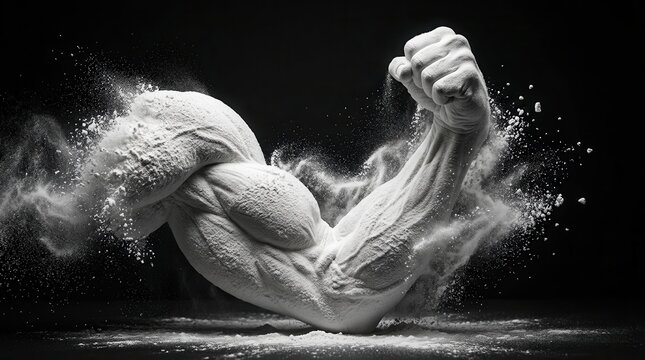 Protein powder arranged in a muscular arm shape representing bodybuilding and power sport.
