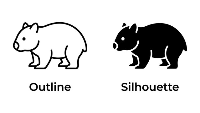 Wombat Icons: A set of two wombat icons, one presented as a clean outline and the other as a solid silhouette, perfect for representing this unique marsupial in graphic design.