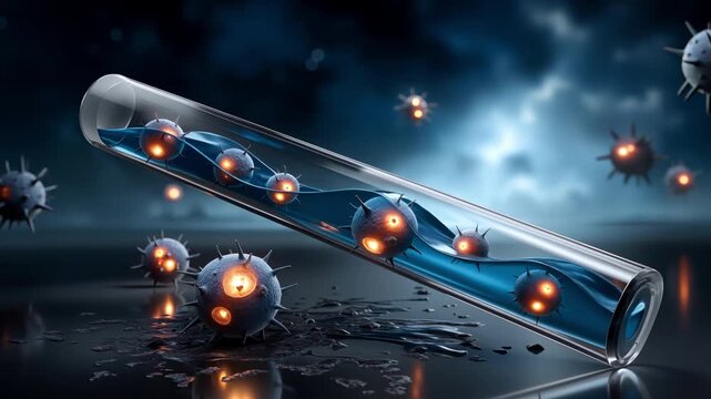 Microscopic pathogen virus cells inside test tube with scientific liquid