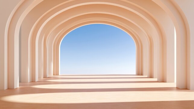 Soft pastel arches and columns in 3d abstract scene with blue sky