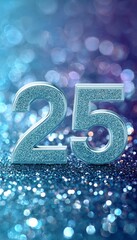 Naklejka premium Elegant Silver Metallic Lettering 25 on a Shimmering Radiant Turquoise and Purple Bokeh Background