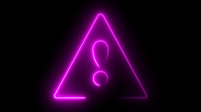 Glowing neon pink color warning attention sign icon animation danger risk alert error stop signal emergency hazard problem issue sign symbol on black background