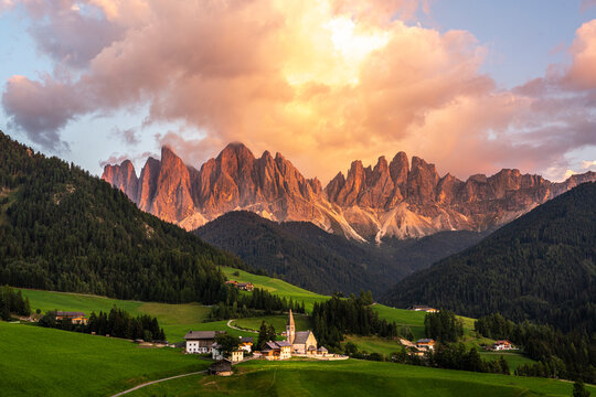 Santa Maddalena village in Val di Funes beneath the Odle mountains, Dolomites, South Tyrol, Italy