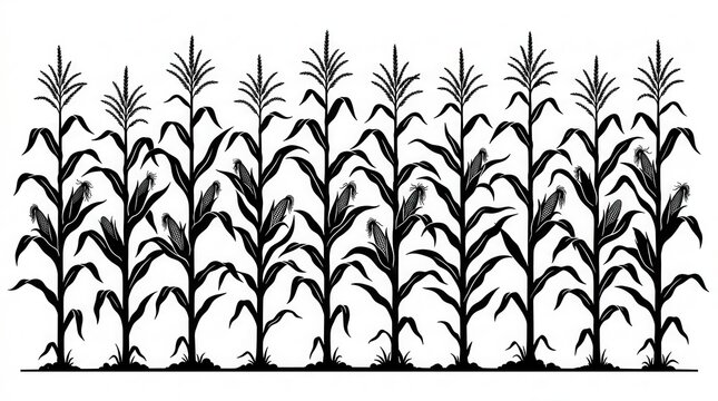 Black and white illustration of a row of corn stalks growing in a farm field for agricultural design