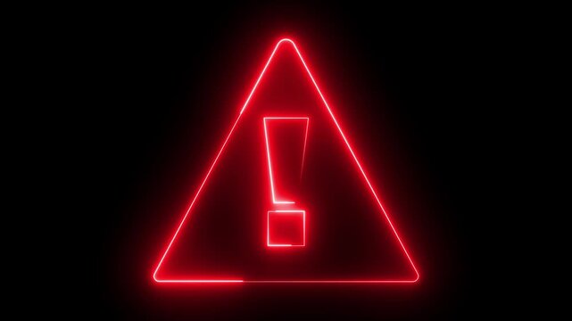 Glowing neon red color warning attention sign icon animation danger risk alert error stop signal emergency hazard problem issue sign symbol on black background