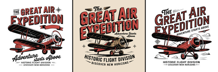 Vintage biplane illustrations featuring retro typography for creative clothing design projects © Vectyx