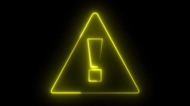 Glowing neon yellow color warning attention sign icon animation danger risk alert error stop signal emergency hazard problem issue sign symbol on black background