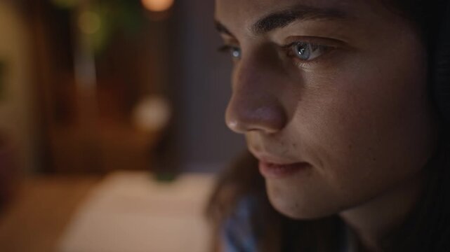 Young adult Caucasian woman staring intently at computer screen at night, experiencing digital burnout. Clip is perfect for digital detox advertisements or mental health awareness videos