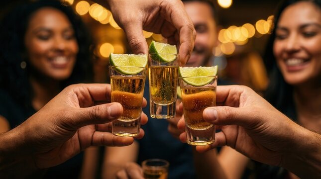 A celebratory group of friends enjoying tequila shots in a casual setting.