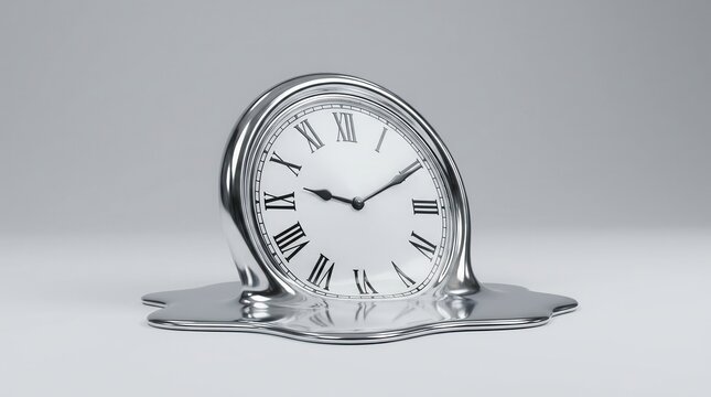 Close up of a melting silver clock showing Roman numerals in a surreal style.