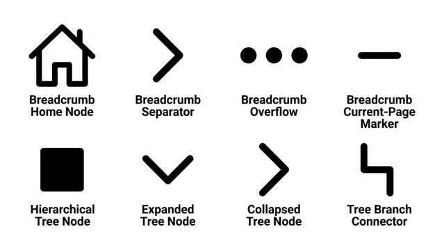 Interface Navigation Elements: A collection of minimalist icons representing various web interface navigation elements, including breadcrumbs and tree structures.
