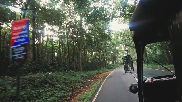 POV video of riding in an auto rickshaw through a lush forest road in Kerala, India, showcasing a scenic rural journey surrounded by dense tropical greenery.