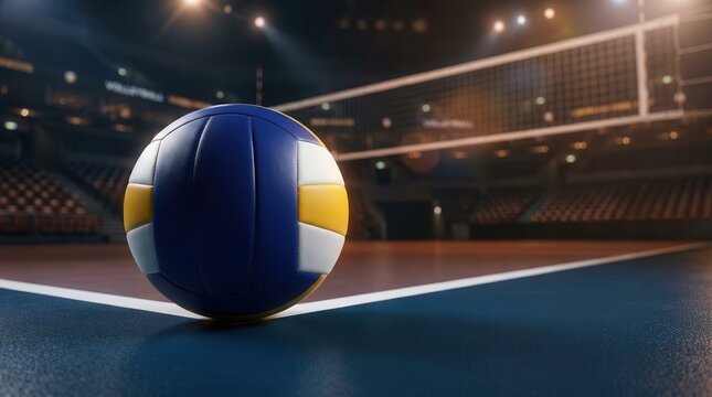 Professional volleyball net and ball on a blue court inside a large sports arena.