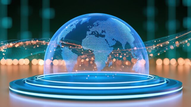 Glowing digital globe on futuristic pedestal with abstract data streams and blue orange lighting