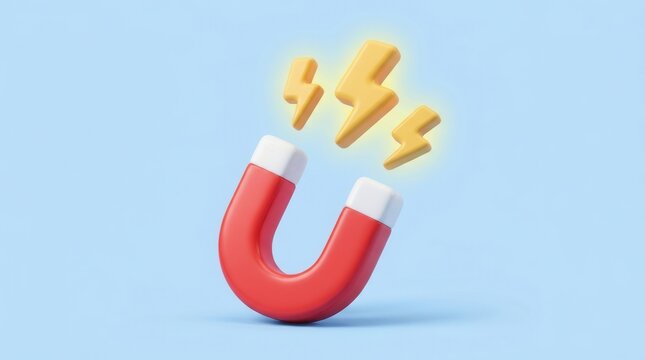 Cartoon 3D rendering of a red horseshoe magnet with energy lightning bolts