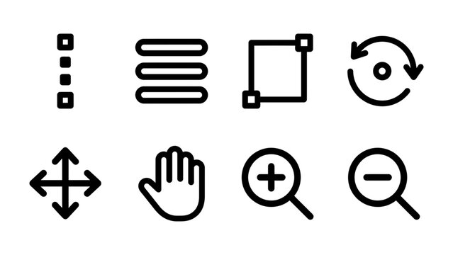 UI Icons Set: A collection of eight minimalist black icons representing common user interface functions, including list, menu, transform, refresh, move, hand, zoom in, and zoom out.