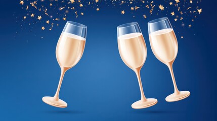 Naklejka premium Three champagne glasses floating against deep blue with golden confetti stars celebrating New Year