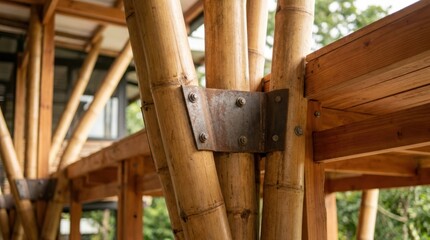 Naklejka premium bamboo building detail with fastening plates, wood structure, and sustainable architectural construction elements
