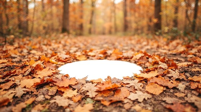 Autumn leaves on forest path with white circle background for design.