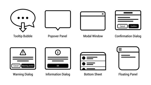 UI Element Set: A collection of clean, minimalist line art icons representing various user interface elements such as tooltip bubbles, popover panels, modal windows, confirmation and warning dialogs.