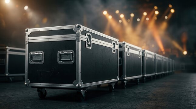 Professional equipment road cases prepared behind the scenes for a live performance.