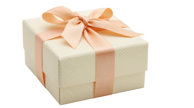Cream textured gift box with peach satin ribbon bow, isolated on transparent background