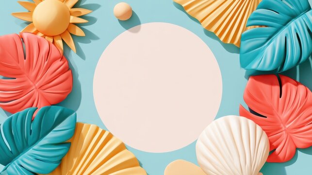 Summer tropical leaf arrangement with abstract clay shapes and soft pastel background