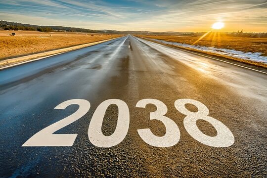 Numbers 2038 drawn on the markings section of an empty long highway into the horizon sky sunset view