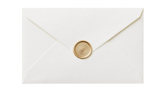 Cream textured envelope sealed with a golden wax stamp, isolated on transparent background