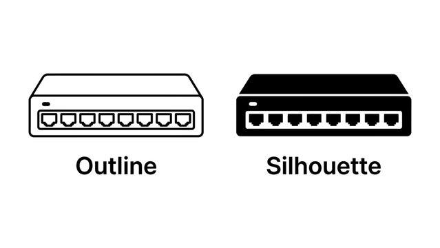 Network Switch Icon: A clear outline and a solid silhouette representation of a network switch, illustrating network connectivity and technology.