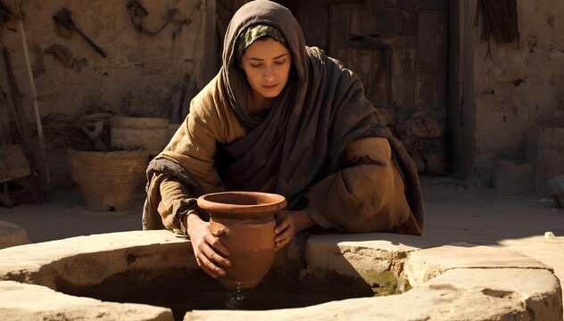 Young woman drawing water from an ancient well in a historic village setting