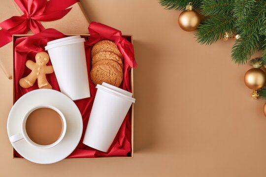 Overhead flat lay of Christmas gift box with cookies coffee cups and pine branch