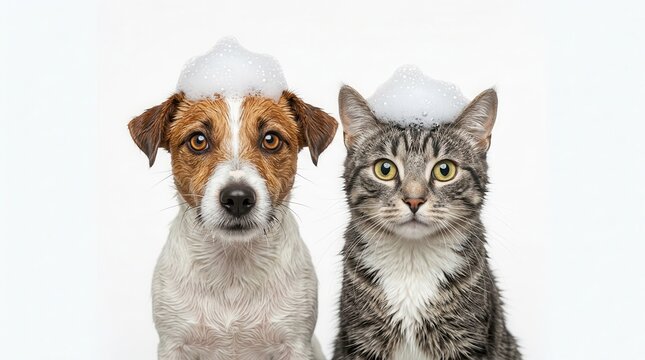 Pets getting a bath together with soap bubbles on heads isolated on white.