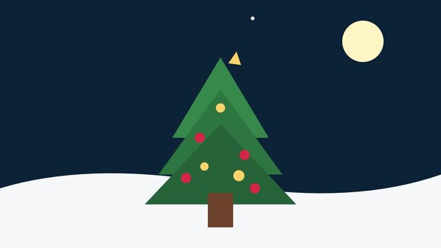 Decorated green Christmas tree standing in snowy night landscape under bright yellow moon creates festive motion animation video background scene