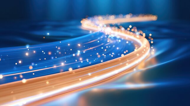 Glowing luminous cable undersea concept with flowing light trails and bokeh particles