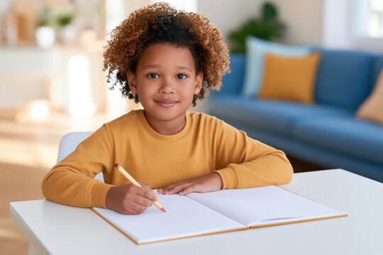 Childs hands coloring in blank activity book at table
