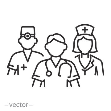 medical staff icon, medical team sign, doctor, nurse, linear style, editable stroke vector illustration